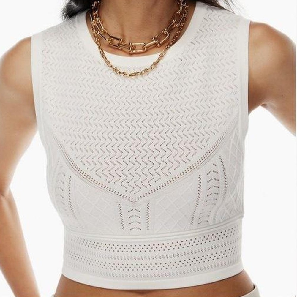 Aritzia Babaton Pointelle Sleeveless Sweater Knit Crop Top in Cream Beige - Picture 1 of 9